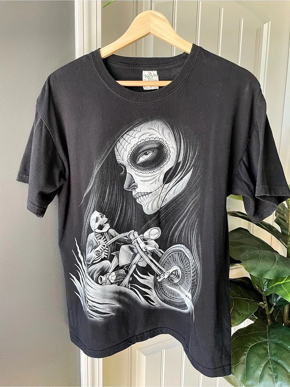 Keya Skeleton Biker Tee Black Day of the Dead Sugar Skull Motorcycle Size M